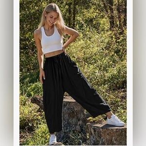 Tarse Linen Blend Wide Leg Drawstring Cropped Boho Harem Pants - Medum, Black